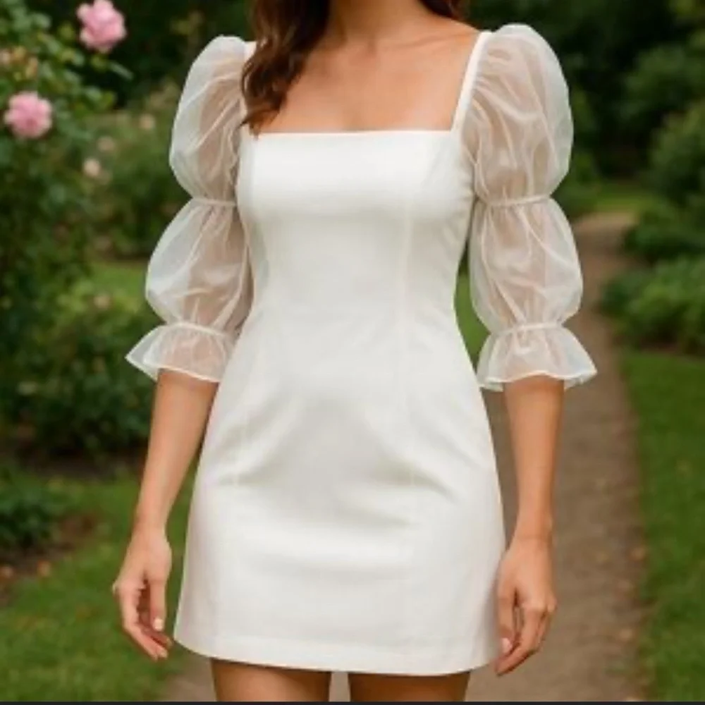 Amanda Uprichard Tia Puff Sleeve Mini Dress in White Women's Size small Bridal - Picture 9 of 10